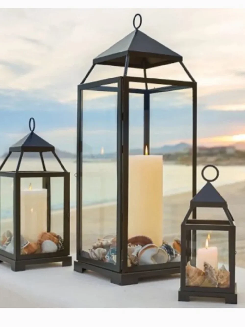 NEW 2 Pottery Barn Malta Bronze Indoor/Outdoor Lantern with Candles